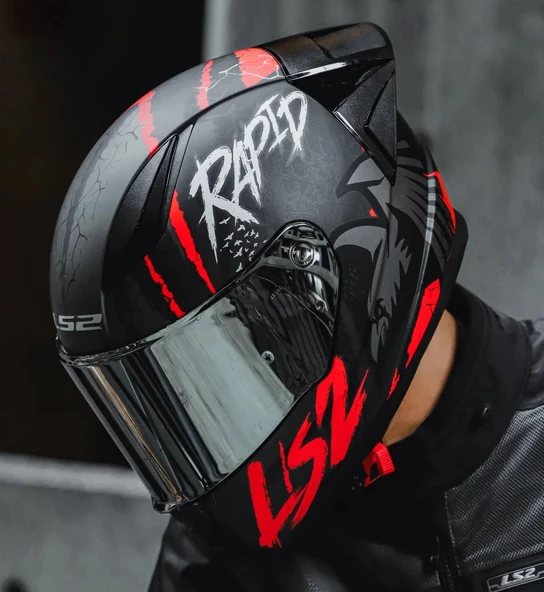 LS2 RAPID 2 RACE RAVEN MAT SİYAH-KIRMIZI KAPALI MOTOSİKLET KASKI GRİ CAMLI