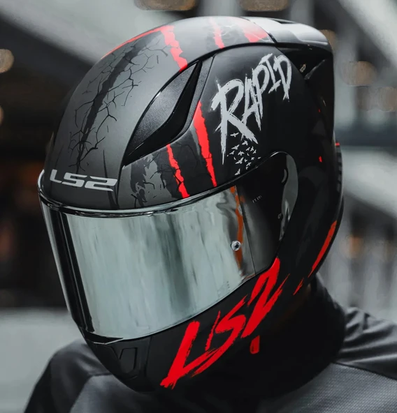 LS2 RAPID 2 RACE RAVEN MAT SİYAH-KIRMIZI KAPALI MOTOSİKLET KASKI GRİ CAMLI - 2