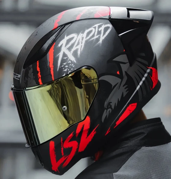 LS2 RAPID 2 RACE RAVEN MAT SİYAH-KIRMIZI KAPALI MOTOSİKLET KASKI GOLD CAMLI - 5