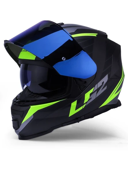 LS2 Storm 2 Nerve Neon Sarı Kapalı Motosiklet Kaskı Mavi Camlı - Resim 3