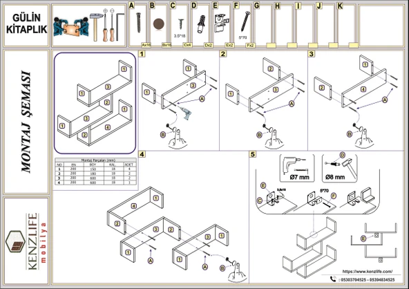 Kenzlife kitaplık gülin 055*080*20 cvz duvar rafı - Resim 3