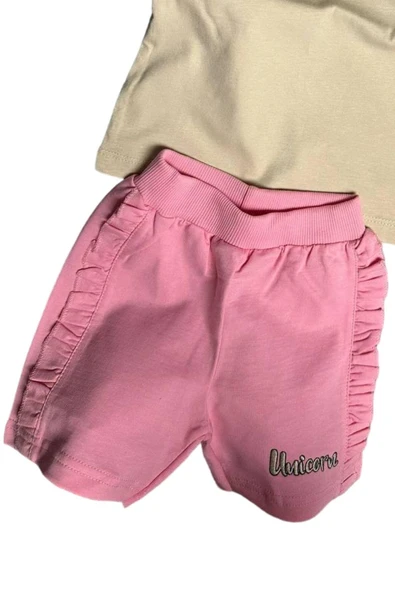 Kız Bebek Unicorn Nakış İşlemeli Tişört Yanları Fırfırlı Pembe Şortlu Takım - Resim 3