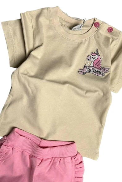 Kız Bebek Unicorn Nakış İşlemeli Tişört Yanları Fırfırlı Pembe Şortlu Takım - Resim 2