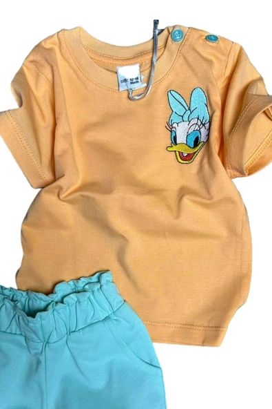 Kız Bebek Minnie Nakış İşlemeli Yazı Baskılı Mavi Şortlu Takım - Resim 2