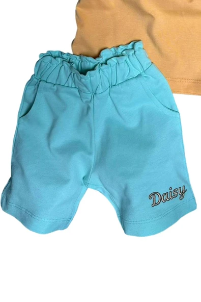 Kız Bebek Minnie Nakış İşlemeli Yazı Baskılı Mavi Şortlu Takım - Resim 3