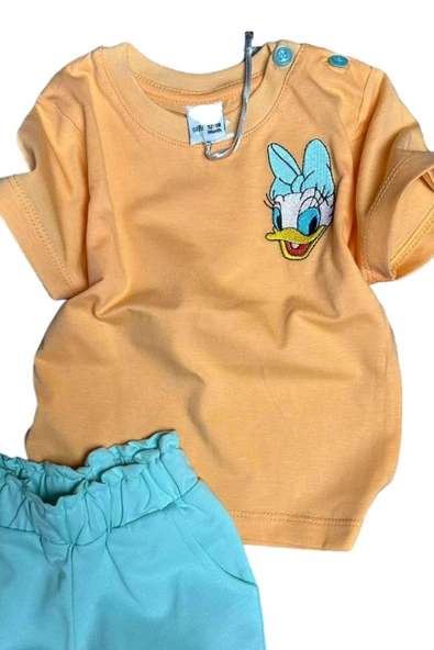 Kız Bebek Minnie Nakış İşlemeli Yazı Baskılı Mavi Şortlu Takım - 2