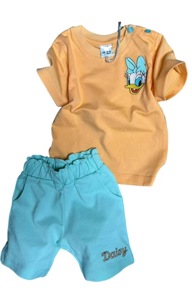Kız Bebek Minnie Nakış İşlemeli Yazı Baskılı Mavi Şortlu Takım ürün görseli