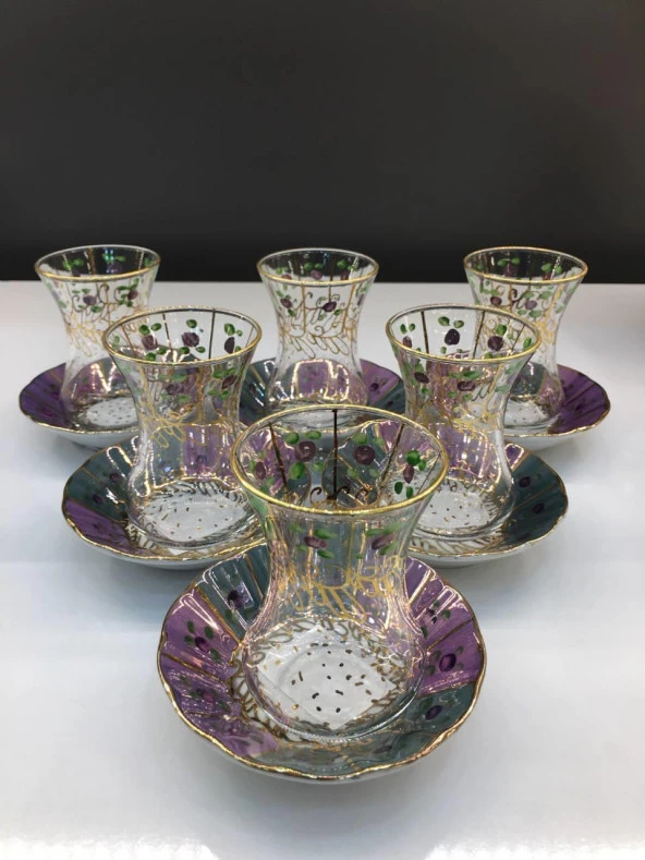 MORPİ 6'LI DESENLİ CAM & PORSELEN ÇAY SETİ