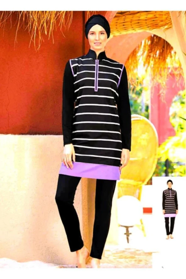 Rozamay 9271 Siyah Lila Çizgili Tam Kapalı Tasarım Tesettür Mayo - Resim 4