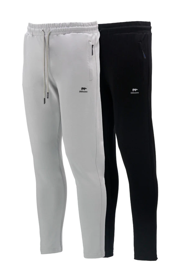 Erkek Düz Paça Standart Fit Lastikli Gri Siyah 2'li Eşofman Altı Seti