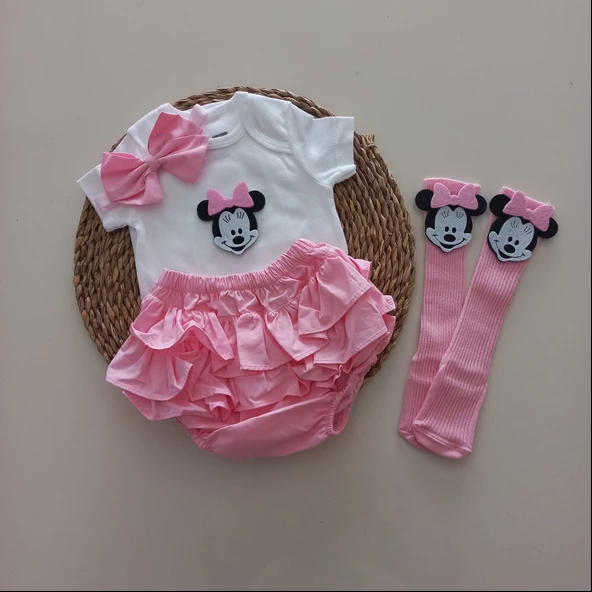 MARS BABY Kız Bebek Pembe Minnie'li Fırfır Şort Etek Bodyli Çorap Takımı
