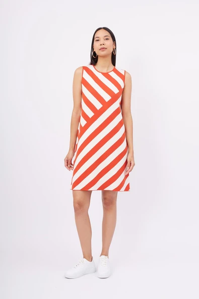 Peraluna PAULA DRESS Çizgili Organik Pamuklu A form Kadın Elbise - Kırmızı/Beyaz ürün görseli 1