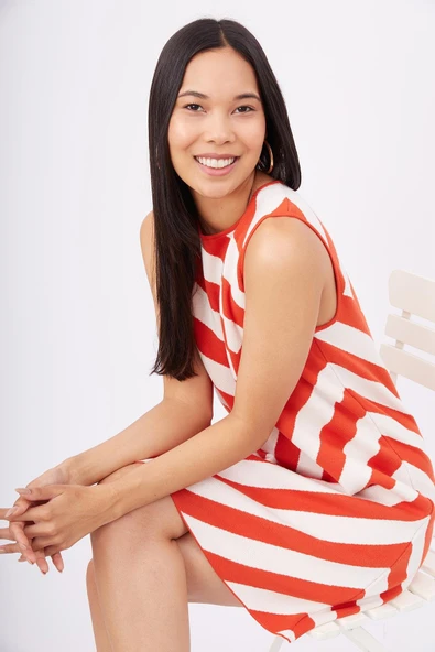 Peraluna PAULA DRESS Çizgili Organik Pamuklu A form Kadın Elbise - Kırmızı/Beyaz - Resim 6