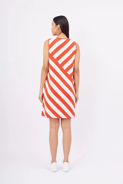 Peraluna PAULA DRESS Çizgili Organik Pamuklu A form Kadın Elbise - Kırmızı/Beyaz - 7