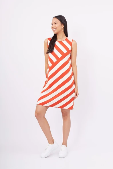 Peraluna PAULA DRESS Çizgili Organik Pamuklu A form Kadın Elbise - Kırmızı/Beyaz - Resim 4