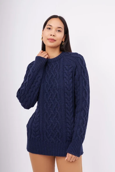 Peraluna DENIZ CABLE PULLOVER Saç Örgülü Bisiklet Yaka Unisex Triko Kazak - Lacivert - Resim 5