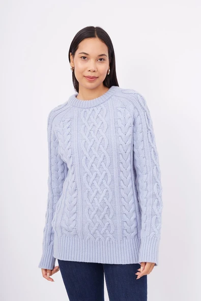 Peraluna DENIZ CABLE PULLOVER Saç Örgülü Bisiklet Yaka Unisex Triko Kazak - Açık Mavi - Resim 2