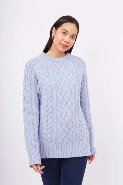 Peraluna DENIZ CABLE PULLOVER Saç Örgülü Bisiklet Yaka Unisex Triko Kazak - Açık Mavi - Resim 5