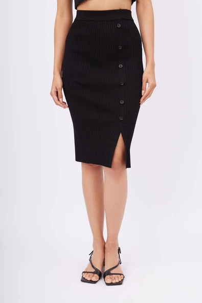 Peraluna JASMINE SKIRT Midi Boy Yandan Düğmeli Ribana Kadın Triko Etek - Siyah - 2
