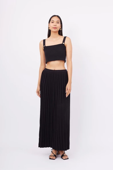 Peraluna MAXI SKIRT Maxi Boy Pileli Kadın Triko Etek - Siyah