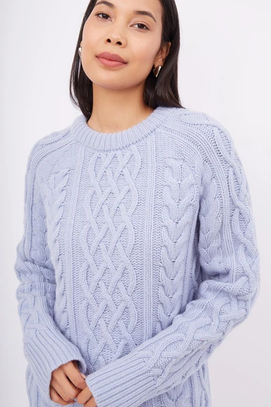 Peraluna DENIZ CABLE PULLOVER Saç Örgülü Bisiklet Yaka Unisex Triko Kazak - Açık Mavi - Resim 3