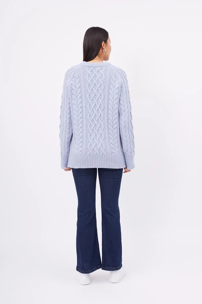 Peraluna DENIZ CABLE PULLOVER Saç Örgülü Bisiklet Yaka Unisex Triko Kazak - Açık Mavi - Resim 7