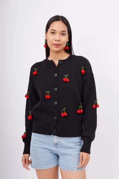 Peraluna CHERRY CARDIGAN Organik Pamuk Kadın Hırka - Siyah - 2