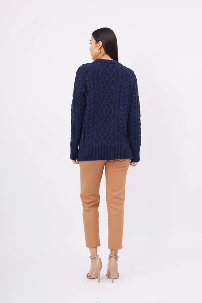 Peraluna DENIZ CABLE PULLOVER Saç Örgülü Bisiklet Yaka Unisex Triko Kazak - Lacivert - Resim 7