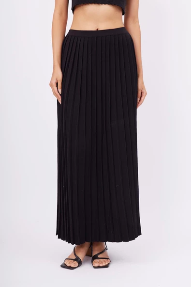Peraluna MAXI SKIRT Maxi Boy Pileli Kadın Triko Etek - Siyah - 2