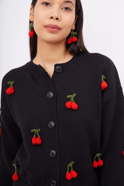 Peraluna CHERRY CARDIGAN Organik Pamuk Kadın Hırka - Siyah - 3