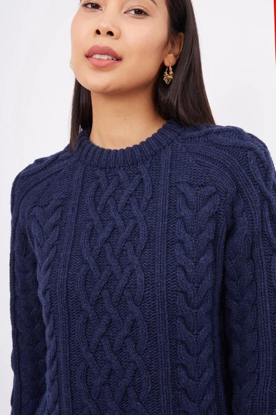 Peraluna DENIZ CABLE PULLOVER Saç Örgülü Bisiklet Yaka Unisex Triko Kazak - Lacivert - Resim 4