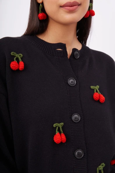 Peraluna CHERRY CARDIGAN Organik Pamuk Kiraz İşlemeli Kadın Hırka - Siyah - 4