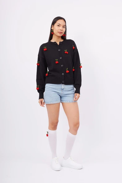 Peraluna CHERRY CARDIGAN Organik Pamuk Kiraz İşlemeli Kadın Hırka - Siyah - 5