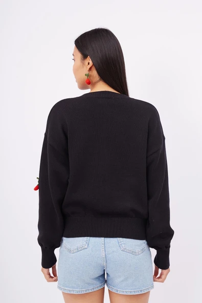 Peraluna CHERRY CARDIGAN Organik Pamuk Kiraz İşlemeli Kadın Hırka - Siyah - 6