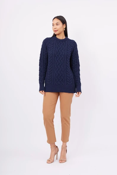 Peraluna DENIZ CABLE PULLOVER Saç Örgülü Bisiklet Yaka Unisex Triko Kazak - Lacivert - Resim 6