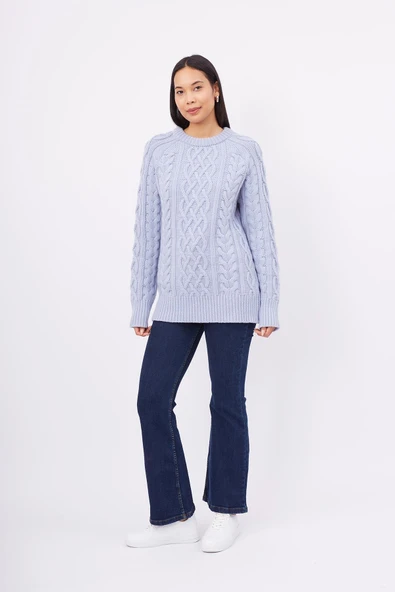 Peraluna DENIZ CABLE PULLOVER Saç Örgülü Bisiklet Yaka Unisex Triko Kazak - Açık Mavi ürün görseli 1