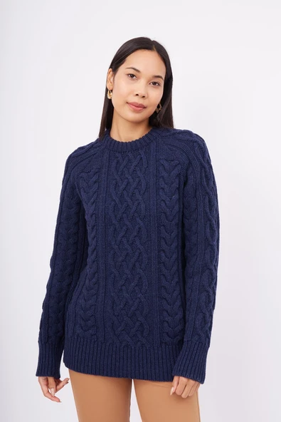 Peraluna DENIZ CABLE PULLOVER Saç Örgülü Bisiklet Yaka Unisex Triko Kazak - Lacivert - Resim 2