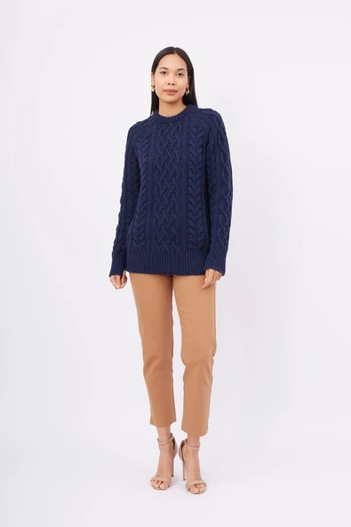 Peraluna DENIZ CABLE PULLOVER Saç Örgülü Bisiklet Yaka Unisex Triko Kazak - Lacivert