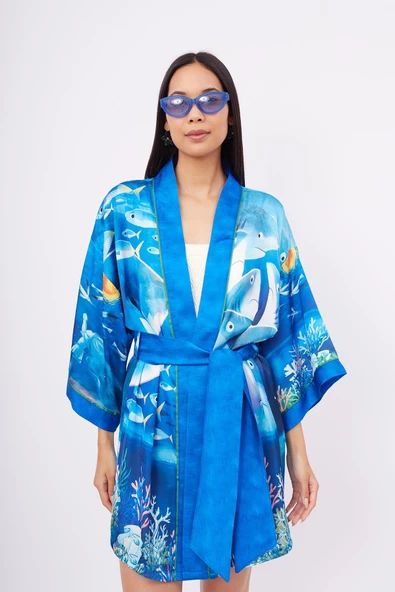 Peraluna OCEAN STORY SHORT KIMONO Baskılı Saten Kadın Kısa Kimono - Deniz Mavisi - 2