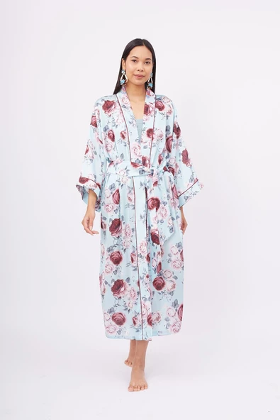 Peraluna ROSEMARY LONG KIMONO Baskılı Saten Kadın Uzun Kimono - Turkuaz