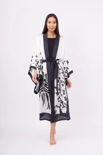 Peraluna BEACH GIRLS LONG KIMONO Baskılı Saten Kadın Uzun Kimono - Siyah/Beyaz