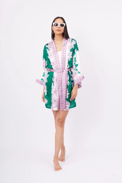 Peraluna LILAC CHARM SHORT KIMONO Baskılı Saten Kadın Kısa Kimono - Yeşil/Pembe