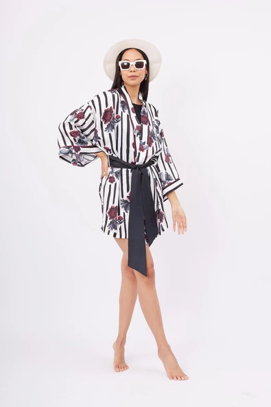 Peraluna STRIPE GARDEN SHORT KIMONO Baskılı Saten Kadın Kısa Kimono - Çok Renkli