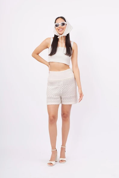 Peraluna IRIS SHORTS Ajurlu Kadın Şort - Ekru ürün görseli 1