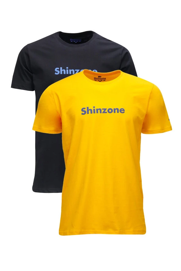 Erkek Standart Fit Shinzone Göğüs Baskılı Sarı Siyah 2'li Set T-Shirt
