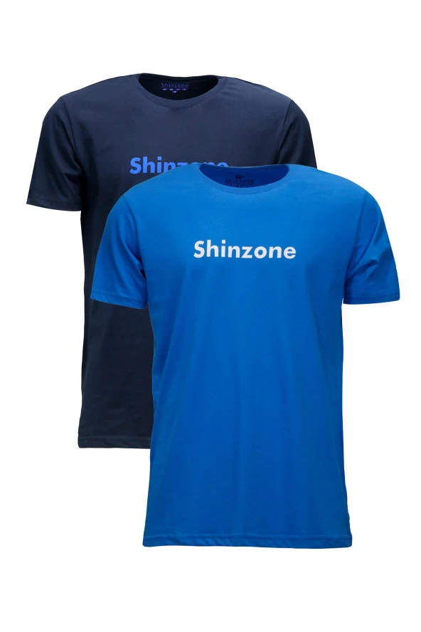Erkek Standart Fit Shinzone Göğüs Baskılı Mavi Lacivert 2'li Set T-Shirt