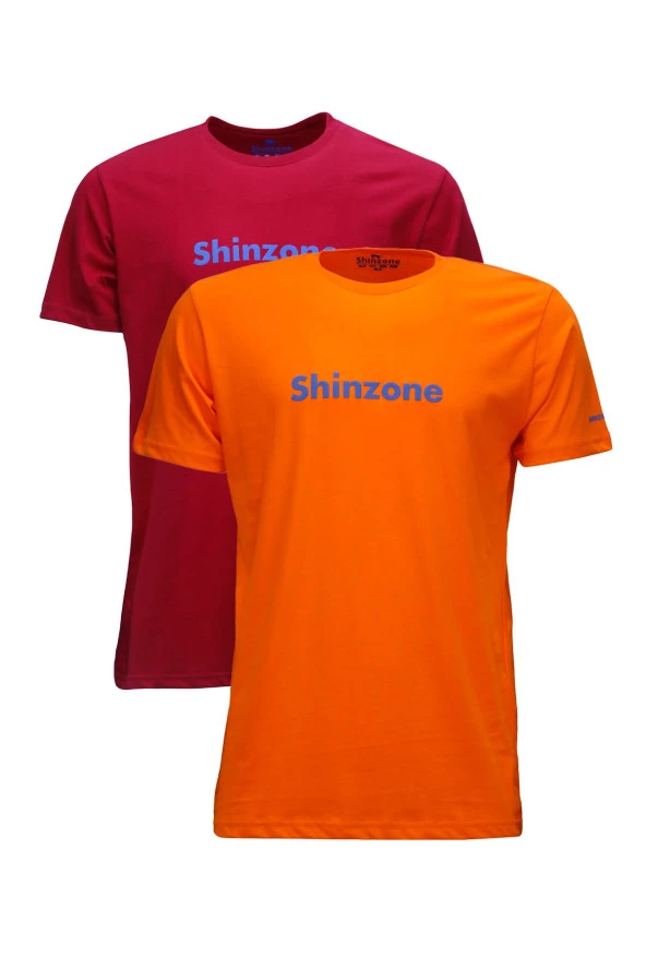 Erkek Standart Fit Shinzone Göğüs Baskılı Turuncu Bordo 2'li Set T-Shirt