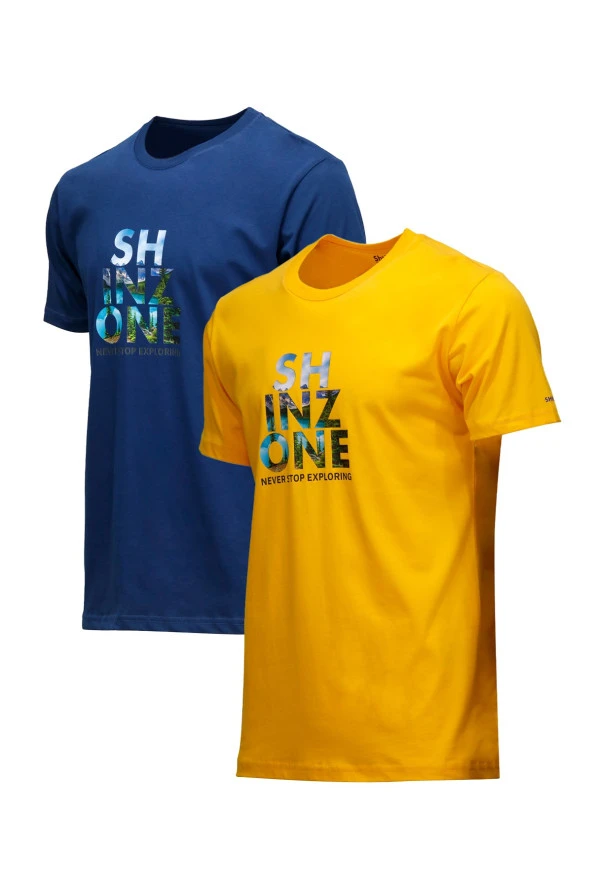 Erkek Standart Fit Göğüs Baskılı Sarı İndigo 2'li Set T-Shirt
