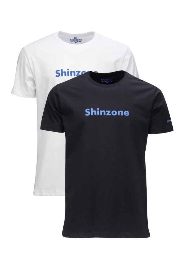 Erkek Standart Fit Shinzone Göğüs Baskılı Siyah Beyaz 2'li Set T-Shirt
