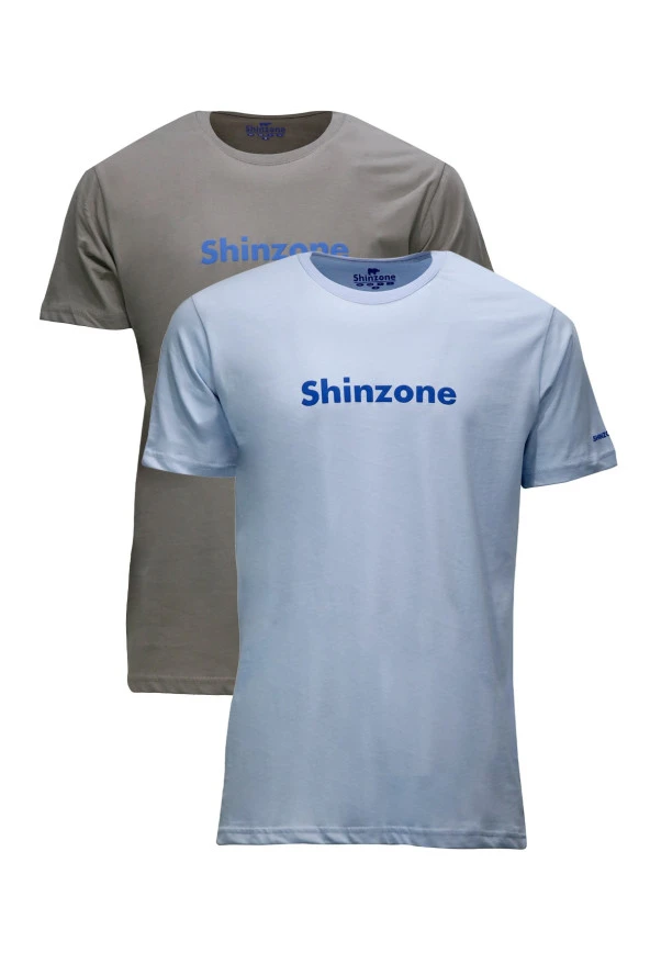 Erkek Standart Fit Shinzone Göğüs Baskılı Mavi Vizon 2'li Set T-Shirt